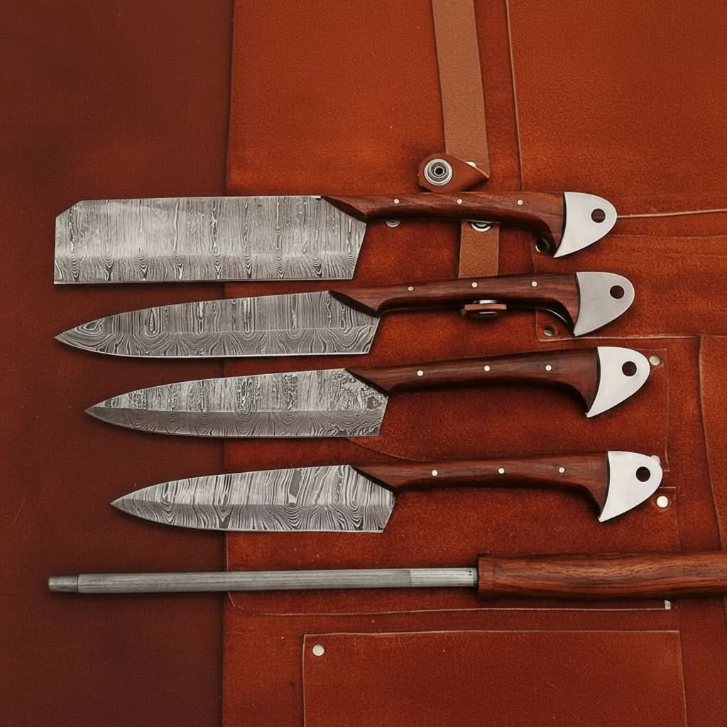Handcrafted Damascus steel kitchen knife set with honing rod displayed on brown leather knife roll against white background.
