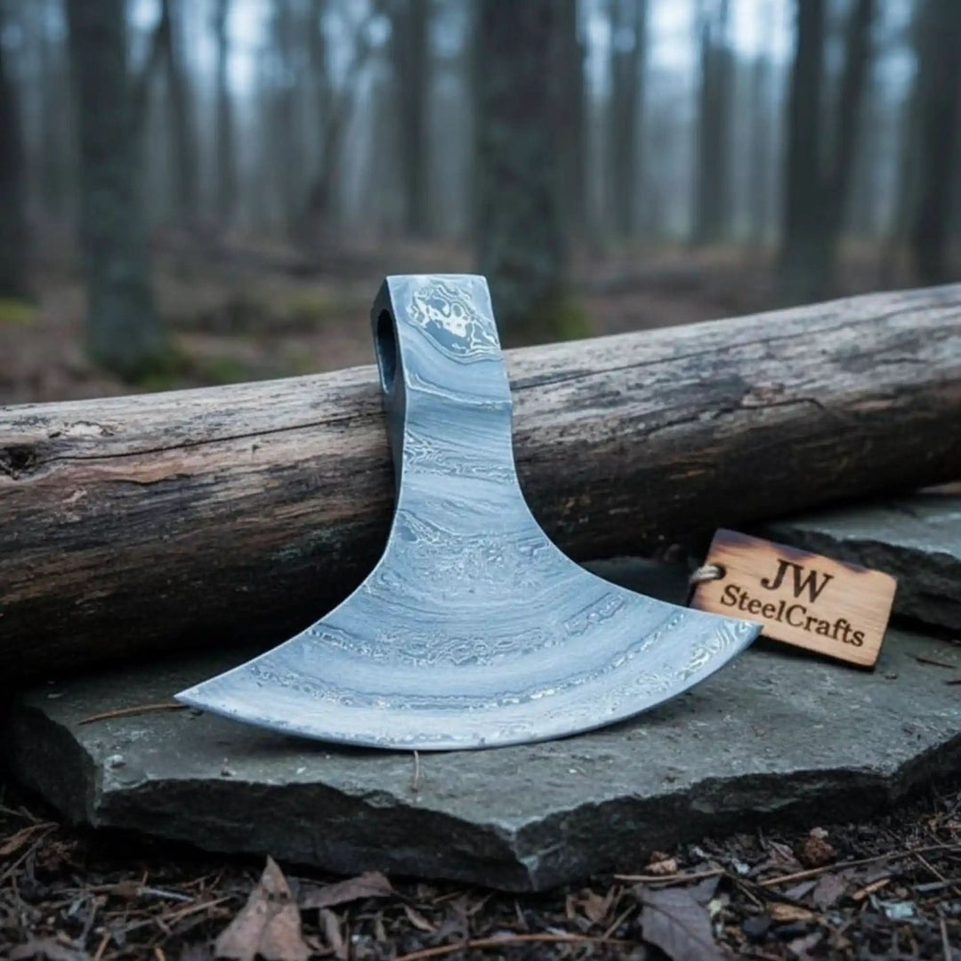     Damascus steel forest hatchet head with smooth layered craftsmanship beside weathered wood