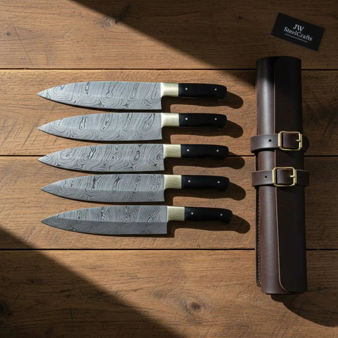 Damascus Chef Knives Set - Gyuto and Santoku Styles, Brass Bolsters, Pakkawood Handles handmade Handmade Chef Knife Sets