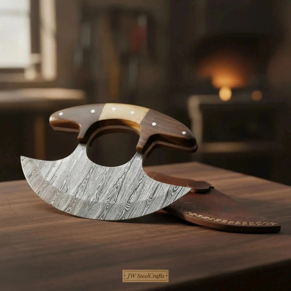 Custom Damascus Steel Ulu Chef Knifea Wooden And Leather Product On A Wooden Surface With A Blurred Background