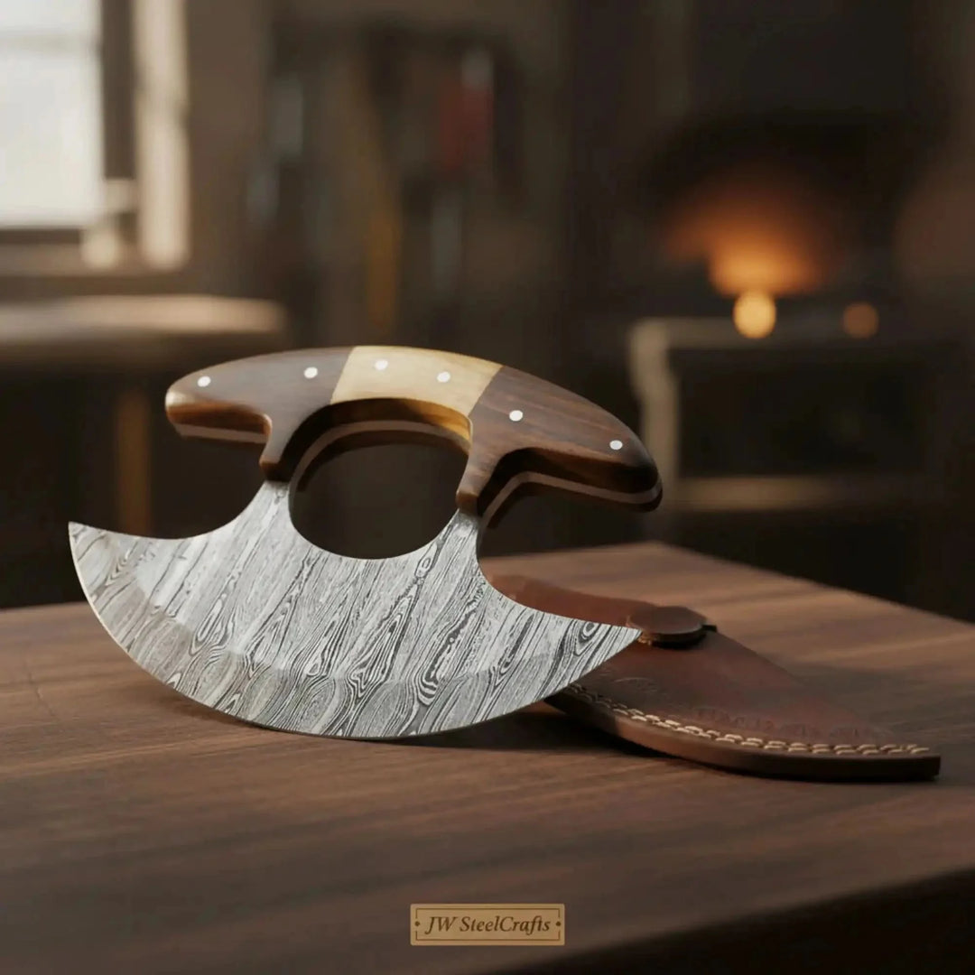 Custom Damascus Steel Ulu Chef Knifea Wooden And Leather Product On A Wooden Surface With A Blurred Background