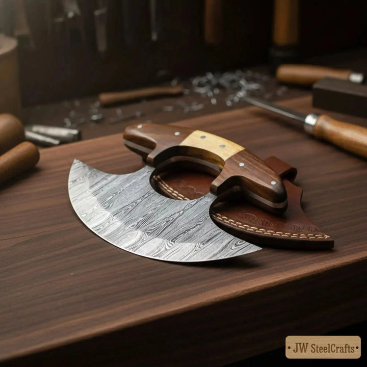 Custom Damascus Steel Ulu Chef Knife Wooden Handled Axe With Leather Sheath On A Wooden Surface