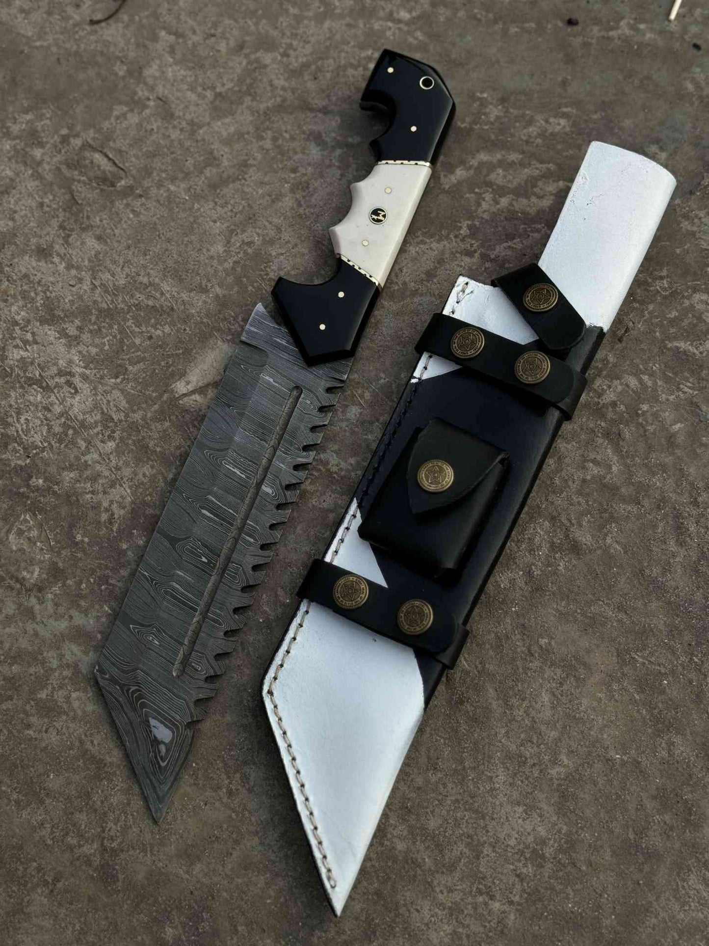 13.5" Handmade Damascus Tracker Knife – Black & White Resin Handle, Hunting Survival Blade with Leather Sheath | Personalized Gift for Him
