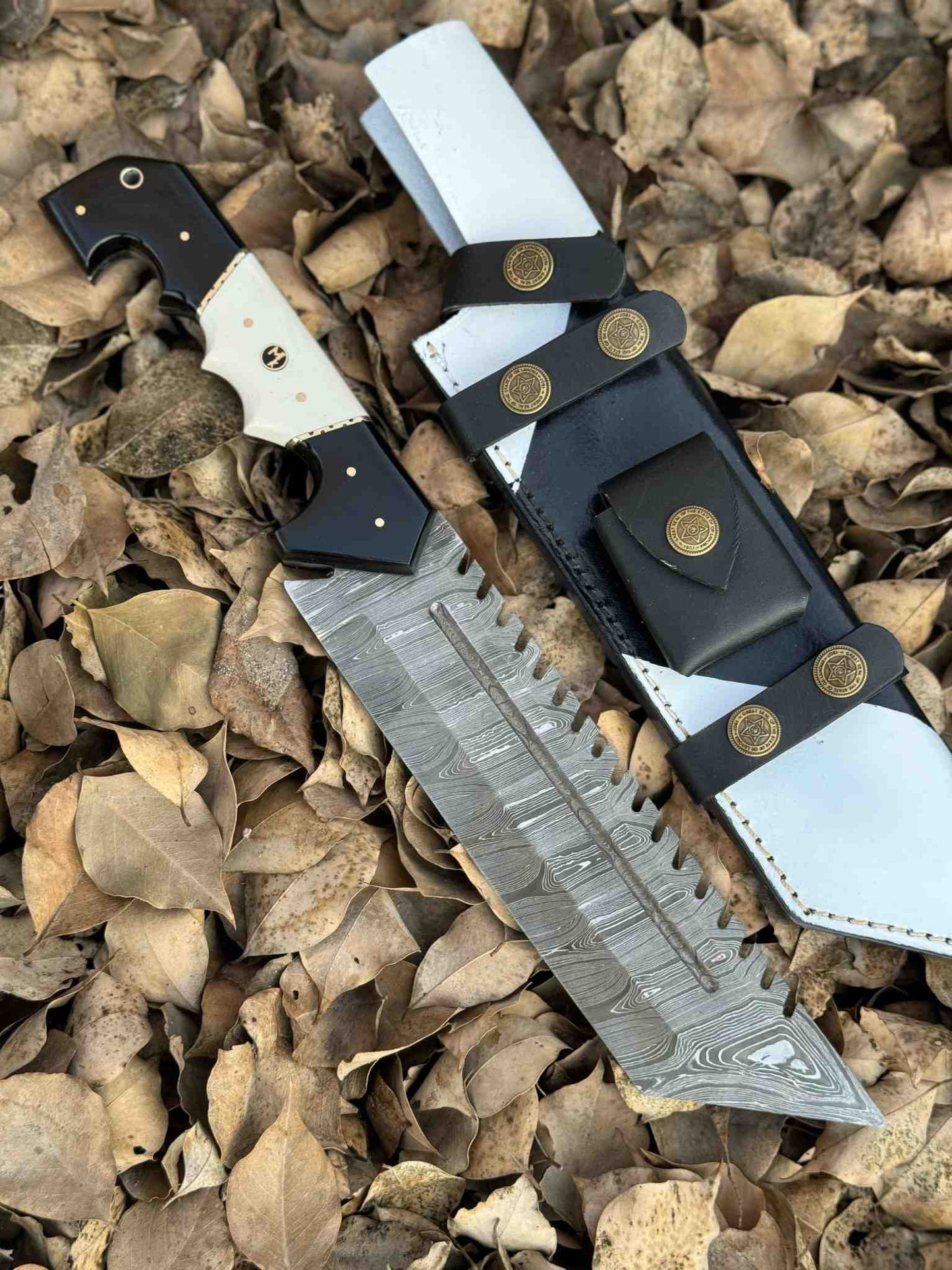 13.5" Handmade Damascus Tracker Knife – Black & White Resin Handle, Hunting Survival Blade with Leather Sheath | Personalized Gift for Him
