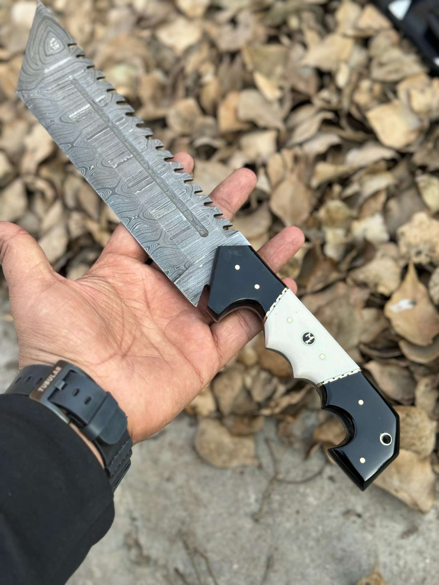 13.5" Handmade Damascus Tracker Knife – Black & White Resin Handle, Hunting Survival Blade with Leather Sheath | Personalized Gift for Him