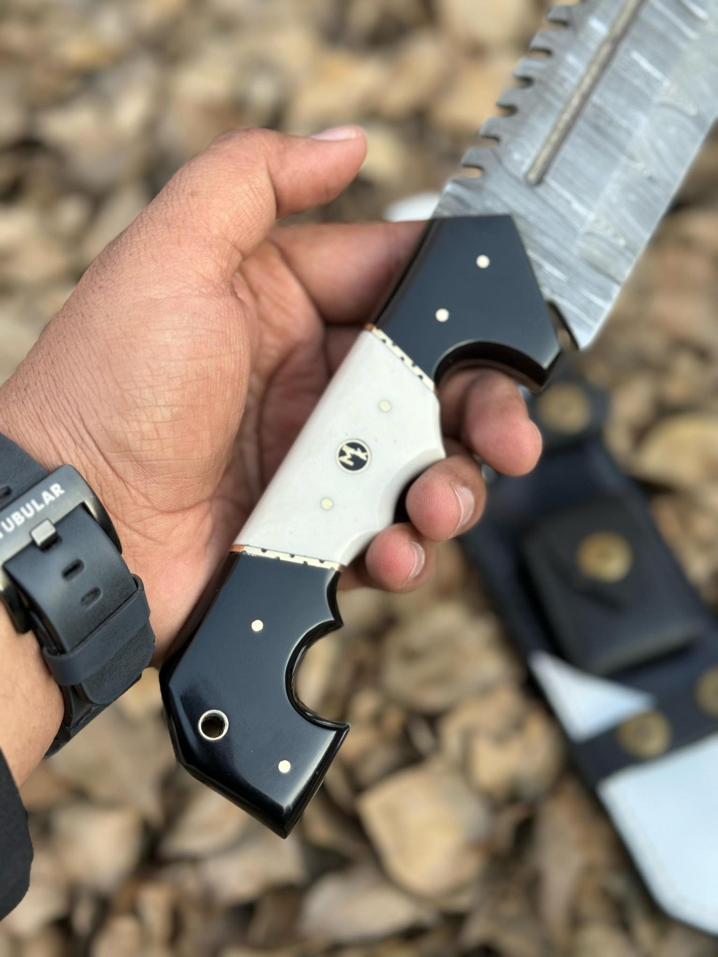 13.5" Handmade Damascus Tracker Knife – Black & White Resin Handle, Hunting Survival Blade with Leather Sheath | Personalized Gift for Him