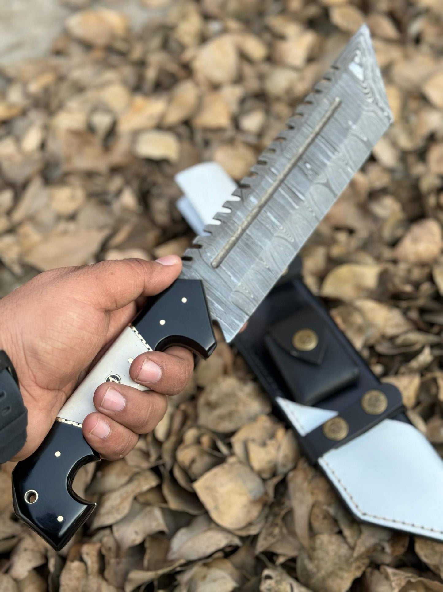 13.5" Handmade Damascus Tracker Knife – Black & White Resin Handle, Hunting Survival Blade with Leather Sheath | Personalized Gift for Him