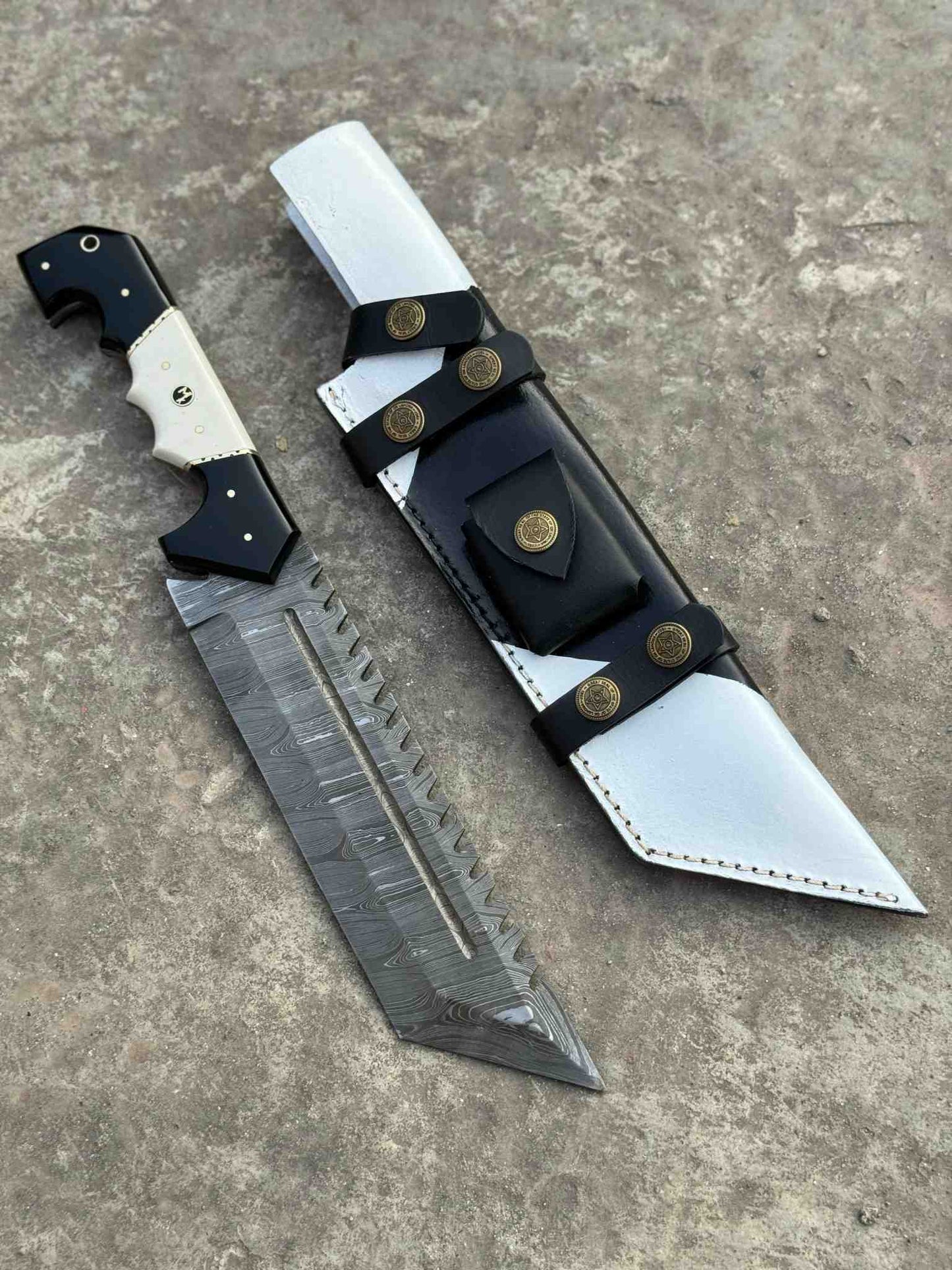 13.5" Handmade Damascus Tracker Knife – Black & White Resin Handle, Hunting Survival Blade with Leather Sheath | Personalized Gift for Him