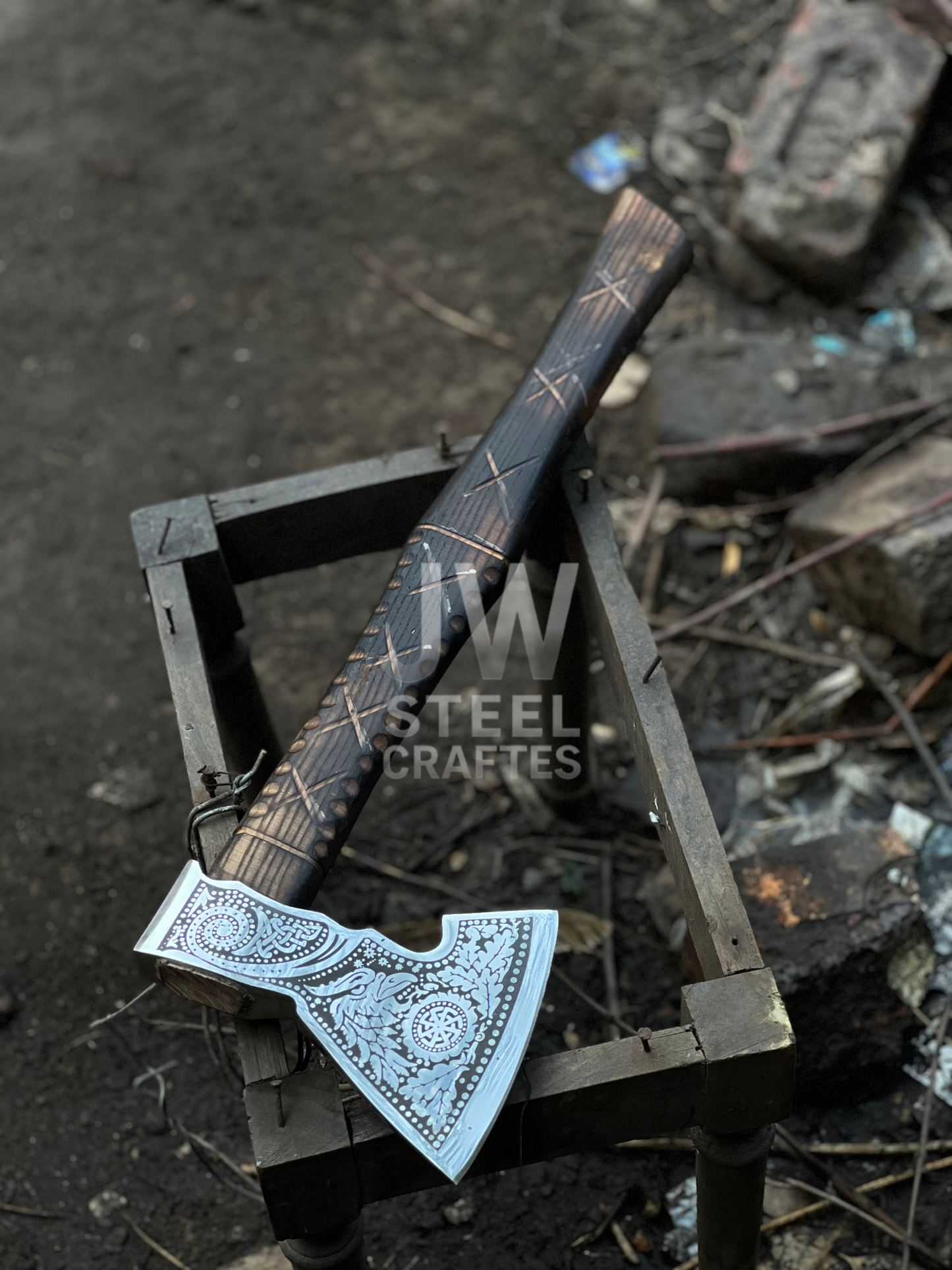 Handmade Viking Axe – Engraved Steel Head with Carved Wooden Handle
