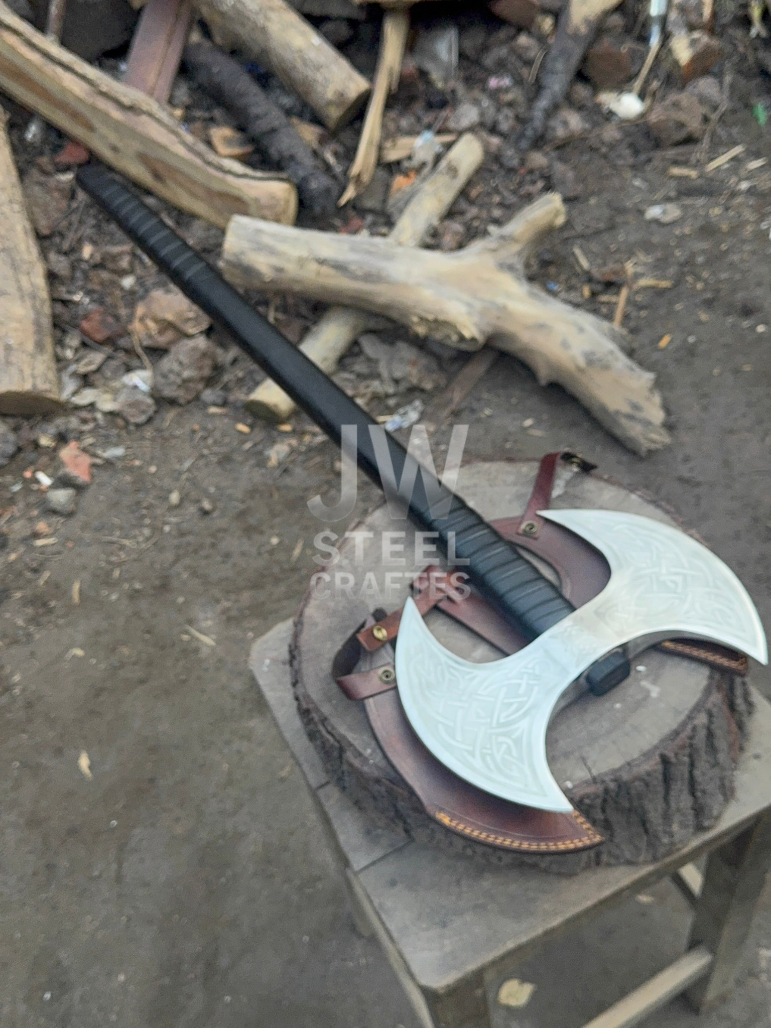 Custom engraved Viking battle axe with double-headed blade, leather sheath, and solid wooden handle – perfect for collectors and gifting.