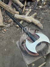 Load image into Gallery viewer, Custom engraved Viking battle axe with double-headed blade, leather sheath, and solid wooden handle – perfect for collectors and gifting.