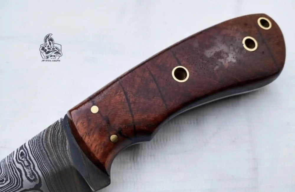 Tan leather sheath Damascus skinner knife with brown wood handle, curved cutting edge