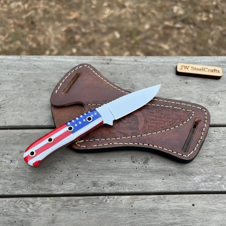 Custom Fixed Blade Knife – Drop Point Outdoor EDC with USA Flag Handle and Leather Sheath handmade Hunting Knife by JW SteelCrafts