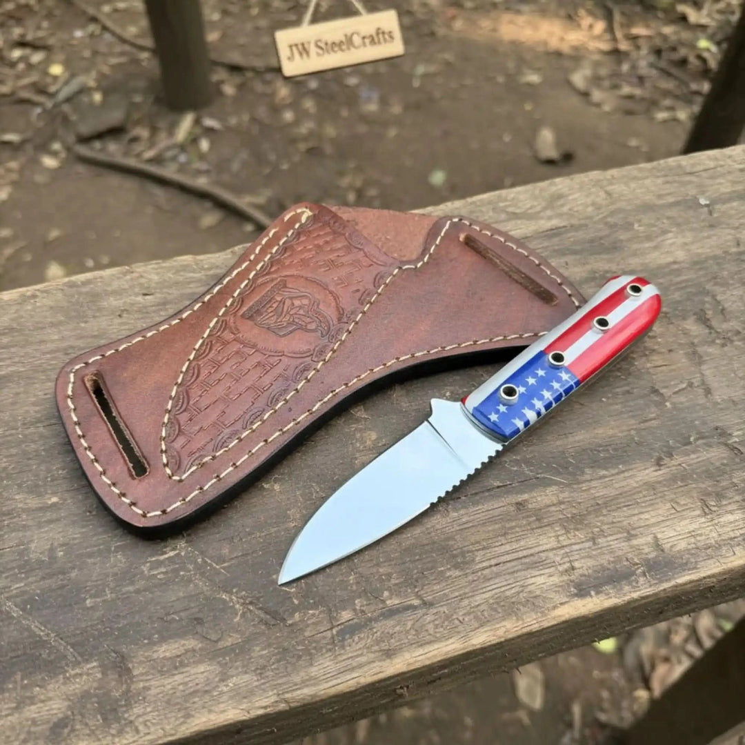 Custom Fixed Blade Knife – Drop Point Outdoor EDC with USA Flag Handle and Leather Sheath handmade Hunting Knife by JW SteelCrafts