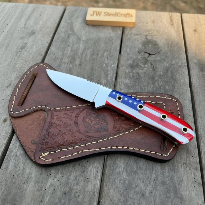 Custom Fixed Blade Knife – Drop Point Outdoor EDC with USA Flag Handle and Leather Sheath handmade Hunting Knife by JW SteelCrafts
