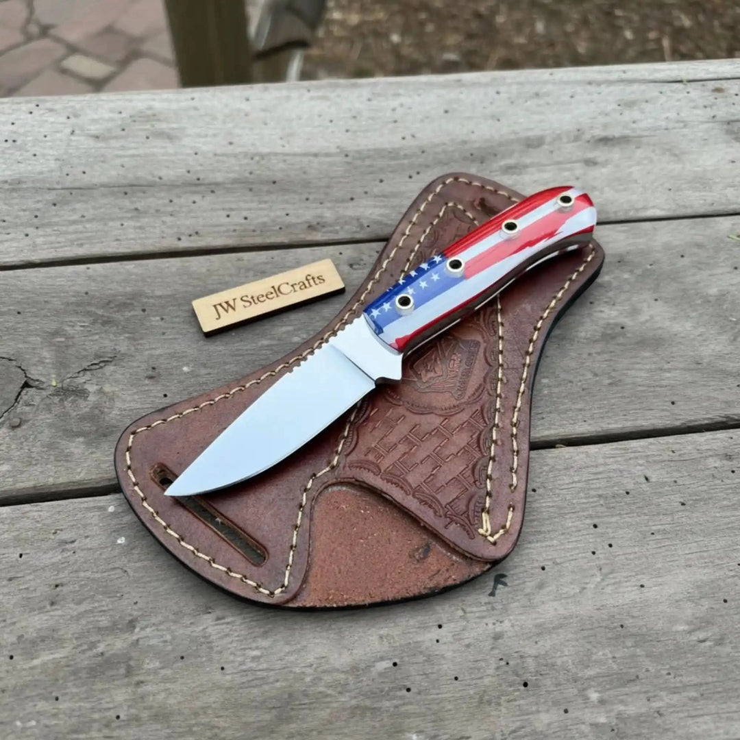 Custom Fixed Blade Knife – Drop Point Outdoor EDC with USA Flag Handle and Leather Sheath handmade Hunting Knife by JW SteelCrafts