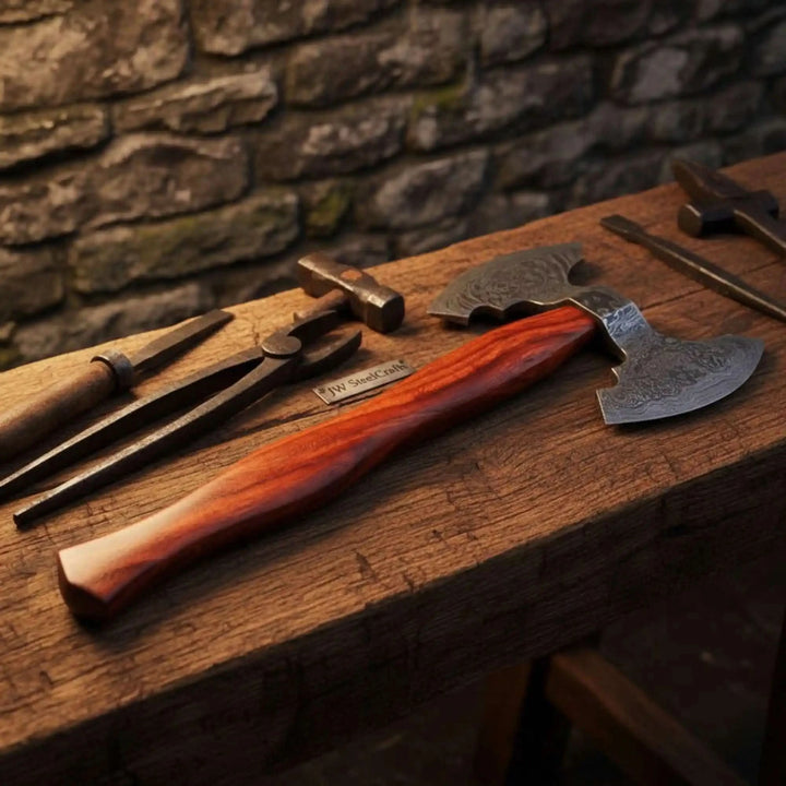     Handmade double blade Viking axe with layered Damascus steel resting beside blacksmith hammer and pliers.