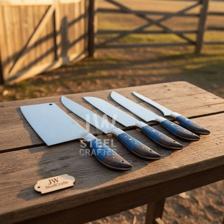 Professional Damascus steel kitchen knives featuring sharp full-tang blades and ergonomic two-tone handles, showcasing premium craftsmanship.