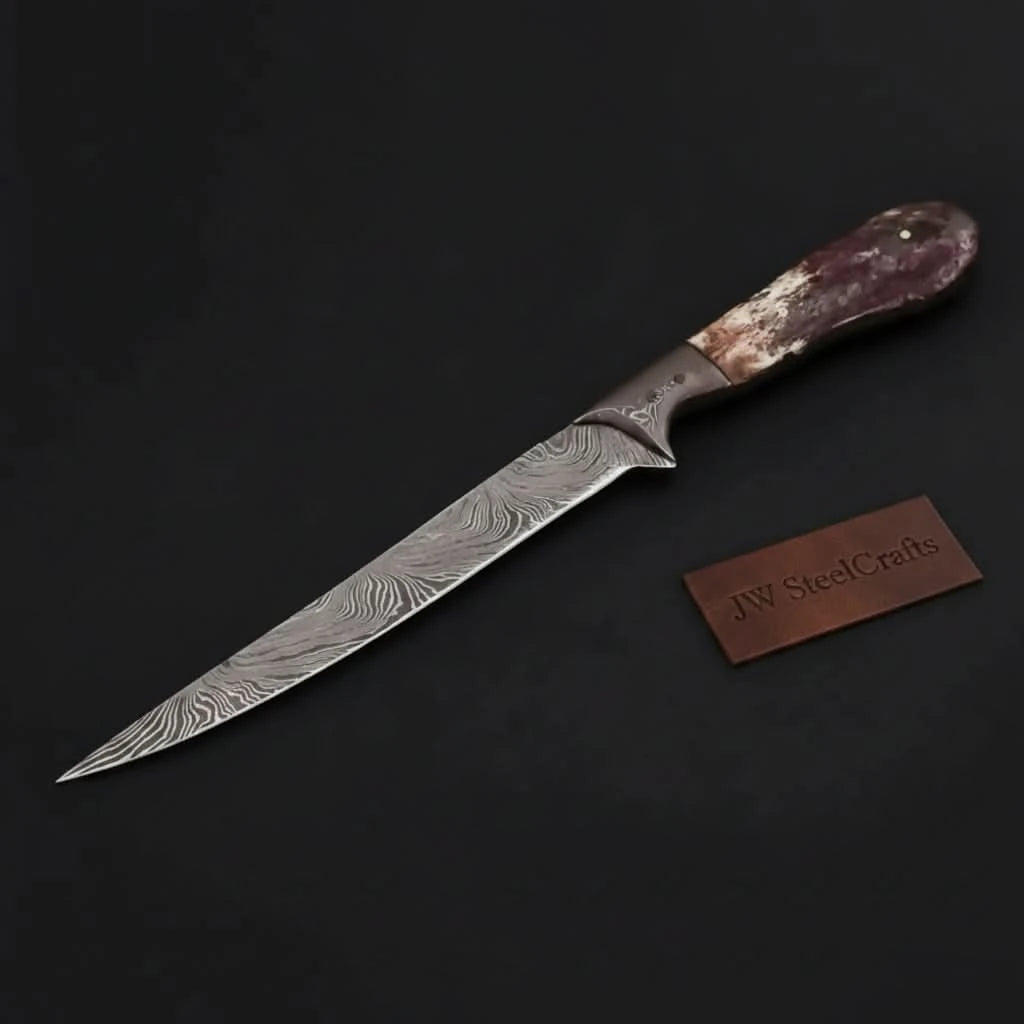 Custom Handmade Damascus Steel Boning Knife With Colour Bone Handle with Leather Sheath DK - 0045 handmade by JW SteelCrafts