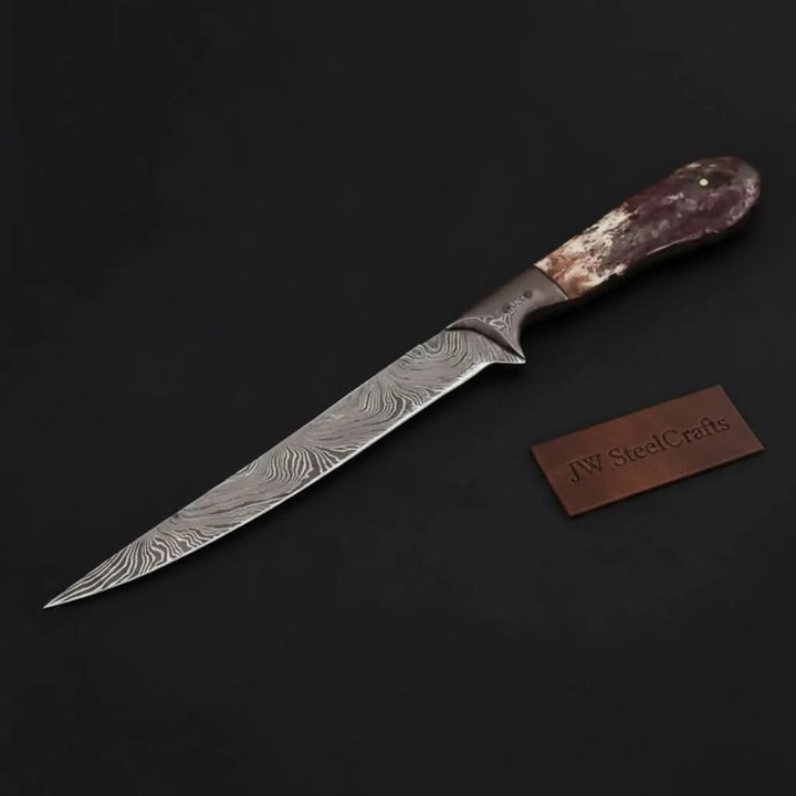 Custom Handmade Damascus Steel Boning Knife With Colour Bone Handle with Leather Sheath DK - 0045 handmade by JW SteelCrafts
