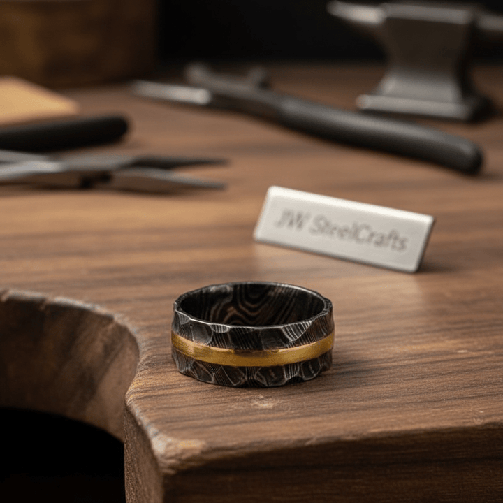 Custom Handmade Damascus Steel Brass Mixed Wedding Rings / Engagement Gift / Wedding Band /Perfect Gift DE - 0038 handmade Knife by JW SteelCrafts