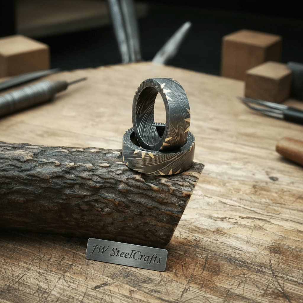 Custom Handmade Damascus Steel With Brass Mixed Wedding Ring Pair / Engagement Gift / Wedding Band /Perfect Gift DE - 0033 handmade Ring by JW SteelCrafts