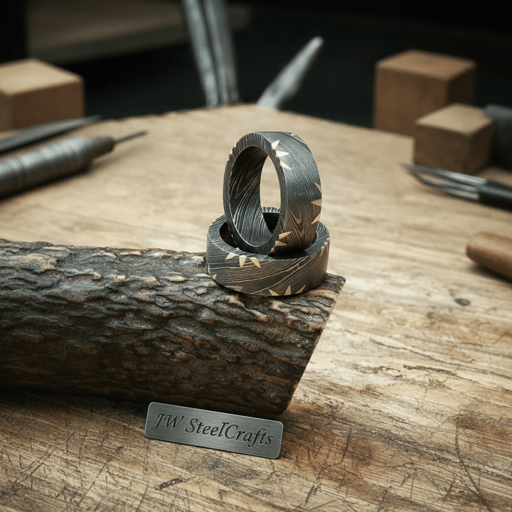 Custom Handmade Damascus Steel With Brass Mixed Wedding Ring Pair / Engagement Gift / Wedding Band /Perfect Gift DE - 0033 handmade Ring by JW SteelCrafts