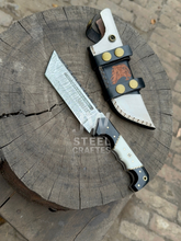 Load image into Gallery viewer, Handmade Damascus Tanto Knife with black and white handle – JW SteelCrafts