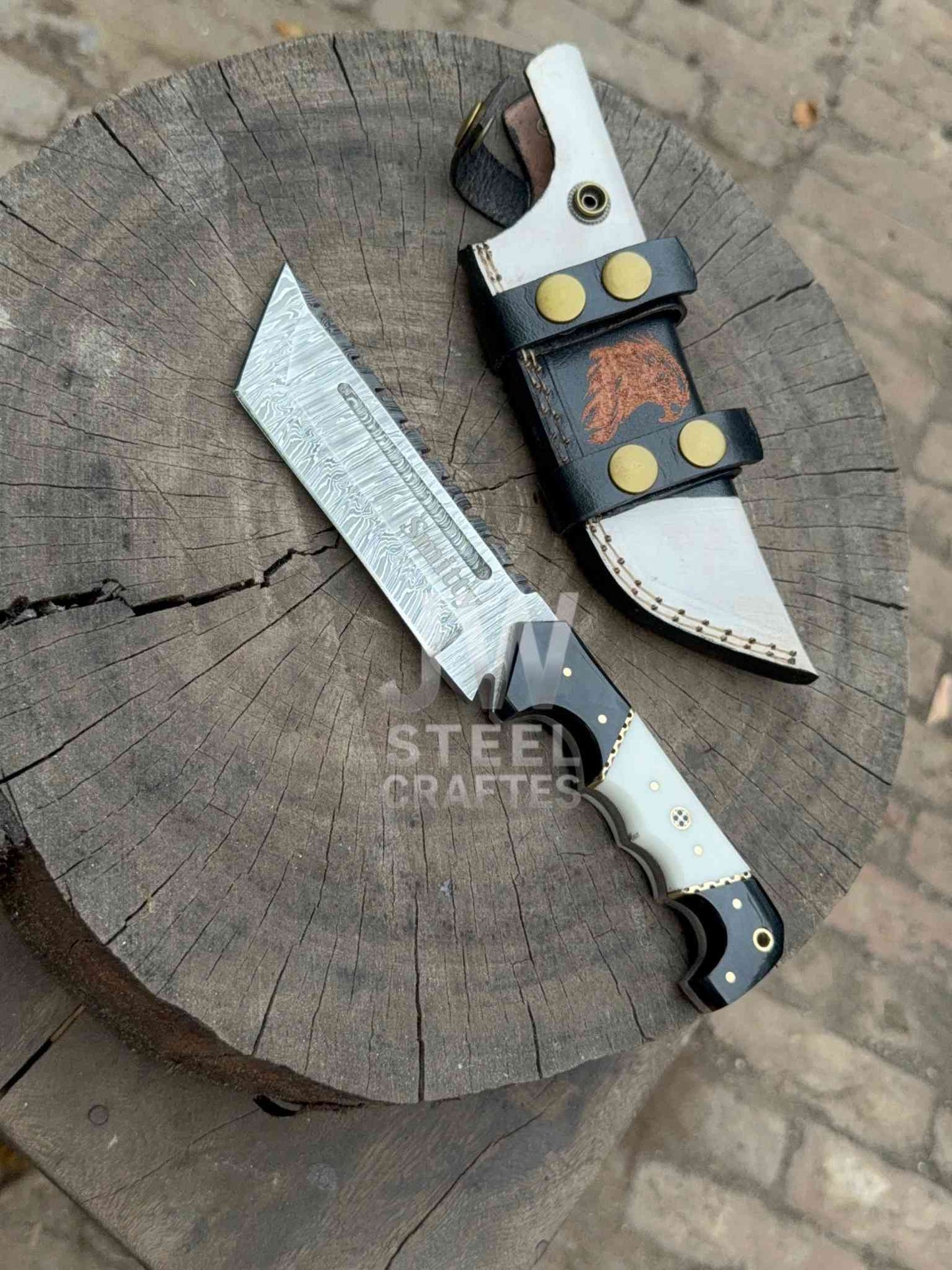 Handmade Damascus Tanto Knife – Black & White Handle with Wolf engraved Leather Sheath