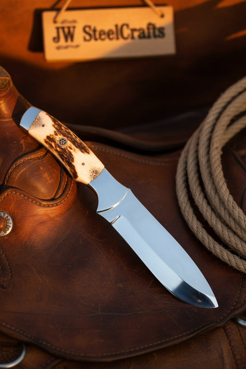 Custom Handmade Fixed Blade Skinner Knife With A Staghorn Handle On A Wooden Surface