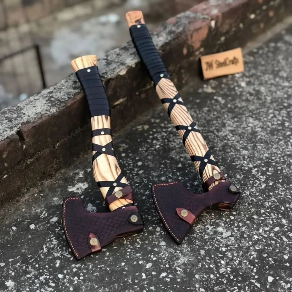 Custom Handmade High Carbon Steel Forged Ragnar Viking Axe Two Decorative Axes With Wooden Handles And Black Straps, Featuring Intricate Designs On The Blades,