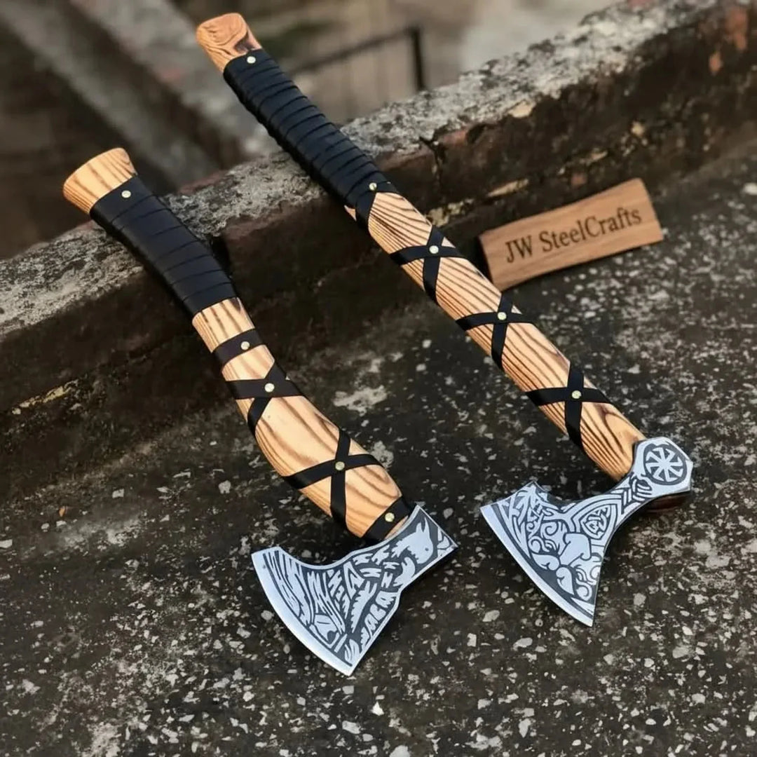 Custom Handmade High Carbon Steel Forged Ragnar Viking Axe Two Decorative Axes With Wooden Handles And Black Straps, Featuring Intricate Designs On The Blades,