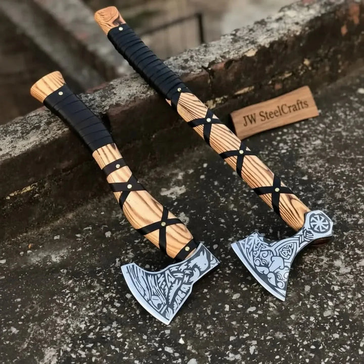 Custom Handmade High Carbon Steel Forged Ragnar Viking Axe Two Decorative Axes With Wooden Handles And Black Straps, Featuring Intricate Designs On The Blades,
