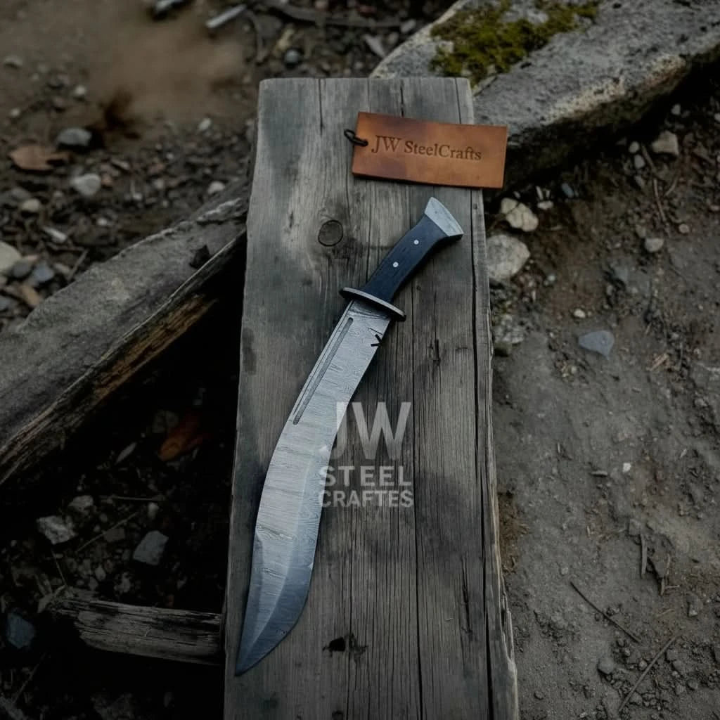 Tactical kukri knife with brown leather sheath, black handle, long curved blade, and Damascus pattern steel.