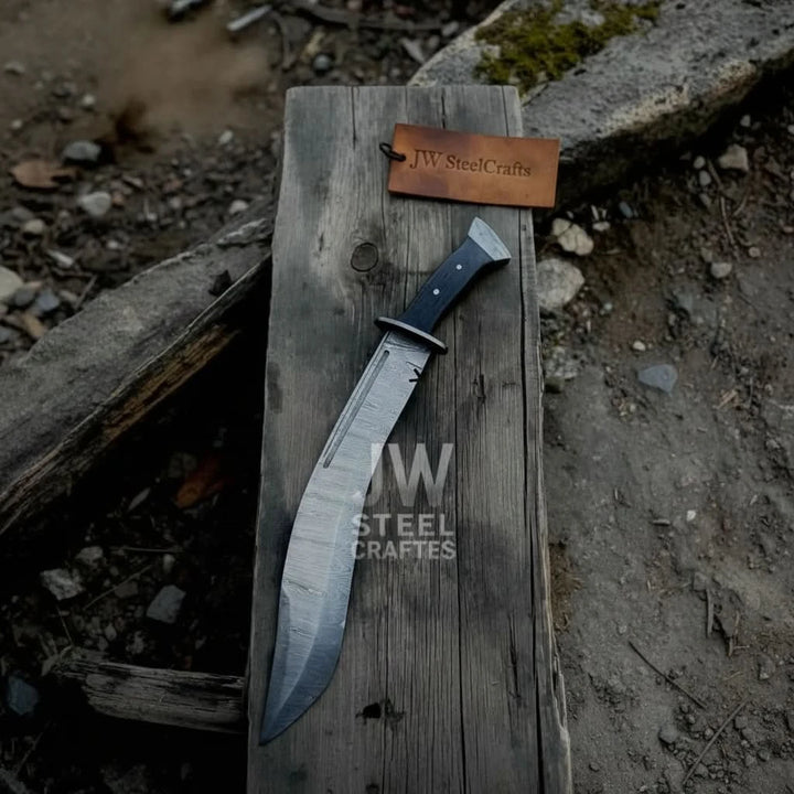 Tactical kukri knife with brown leather sheath, black handle, long curved blade, and Damascus pattern steel.