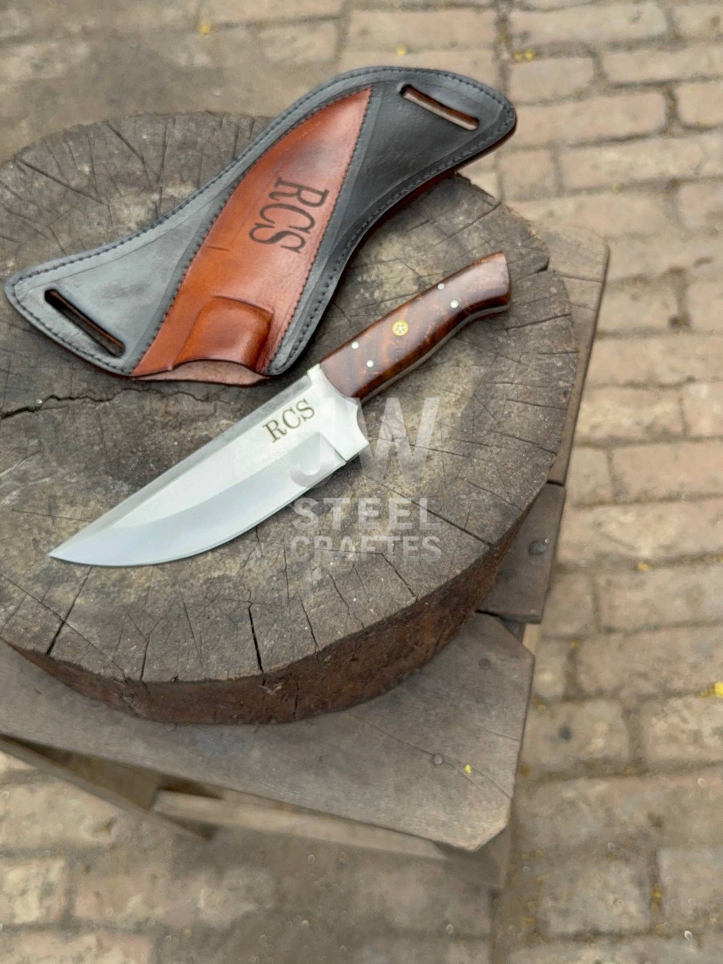 Handmade Damascus Skinner Hunting Knife –Rose wood Handle with Leather Sheath
