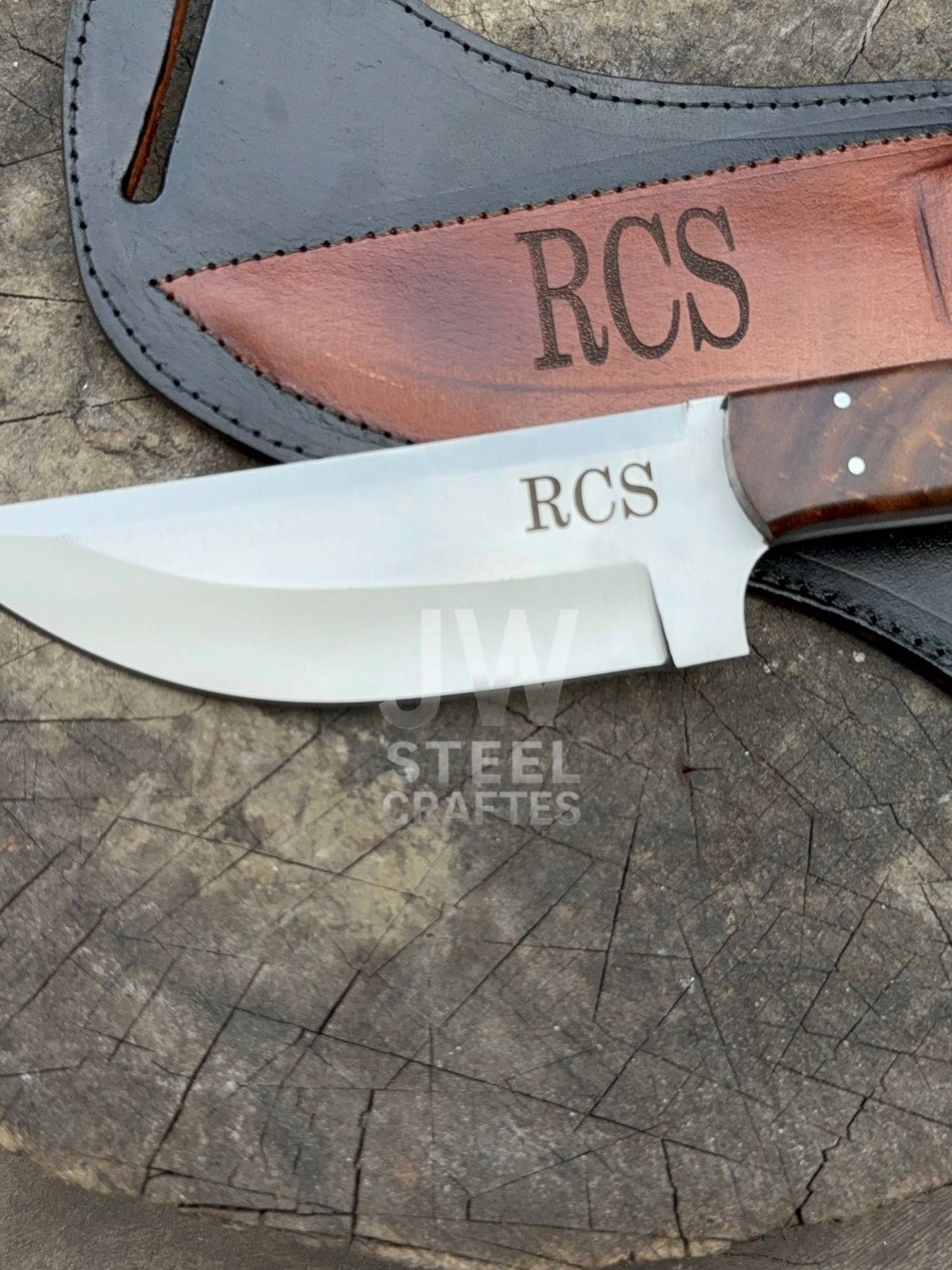 Handmade Damascus Skinner Hunting Knife –Rose wood Handle with Leather Sheath