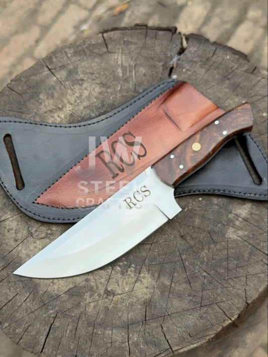 Handmade Damascus Skinner Hunting Knife –Rose wood Handle with Leather Sheath