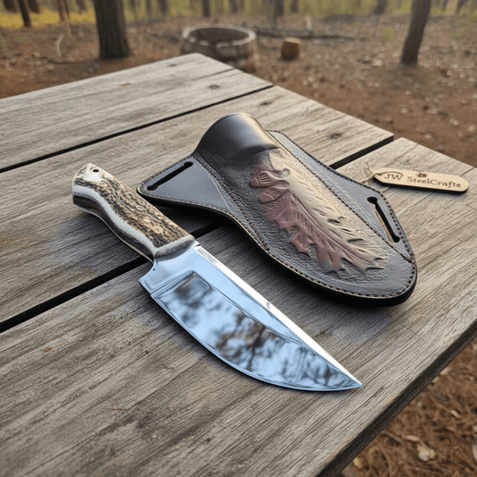 Stag Handle Hunting Knife – Stainless Steel or Damascus Blade | Leather Sheath | JW SteelCrafts handmade hunting knife by JW SteelCrafts