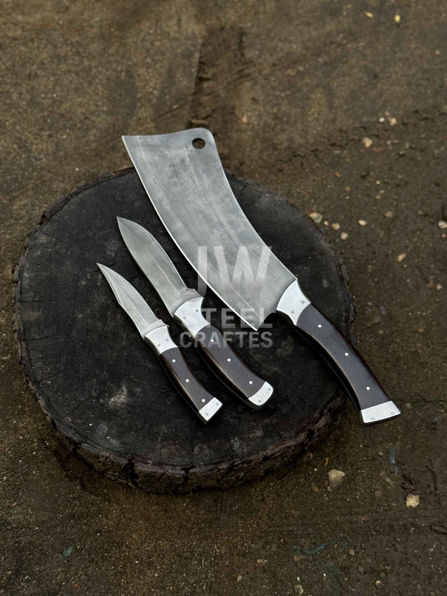 Handmade 3-Piece Knife Set – Cleaver & Hunting Knives with Wooden Handle