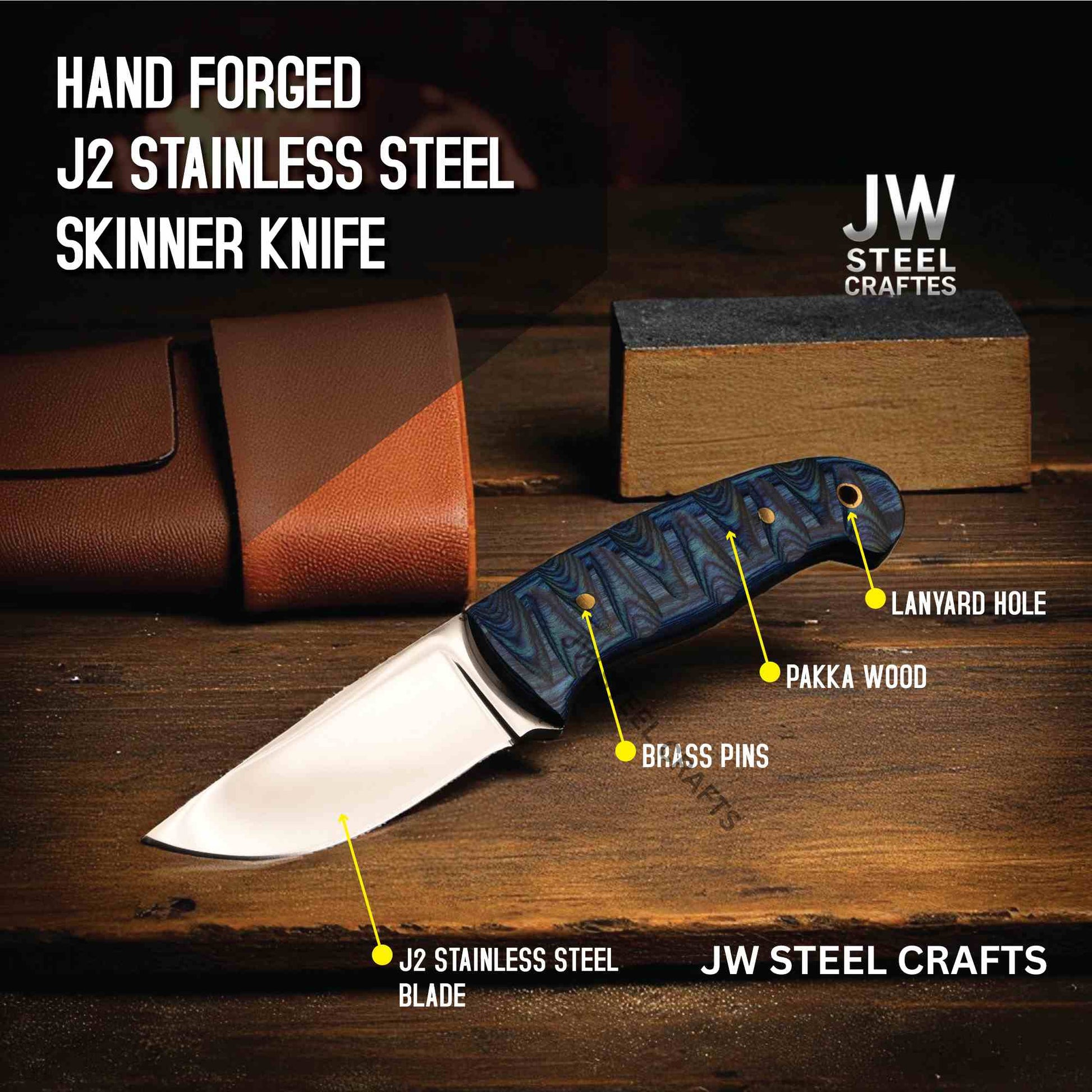 Hand forged J2 stainless steel Skinner knife with labeled parts on a wooden surface, branded as JW Steel Crafts.