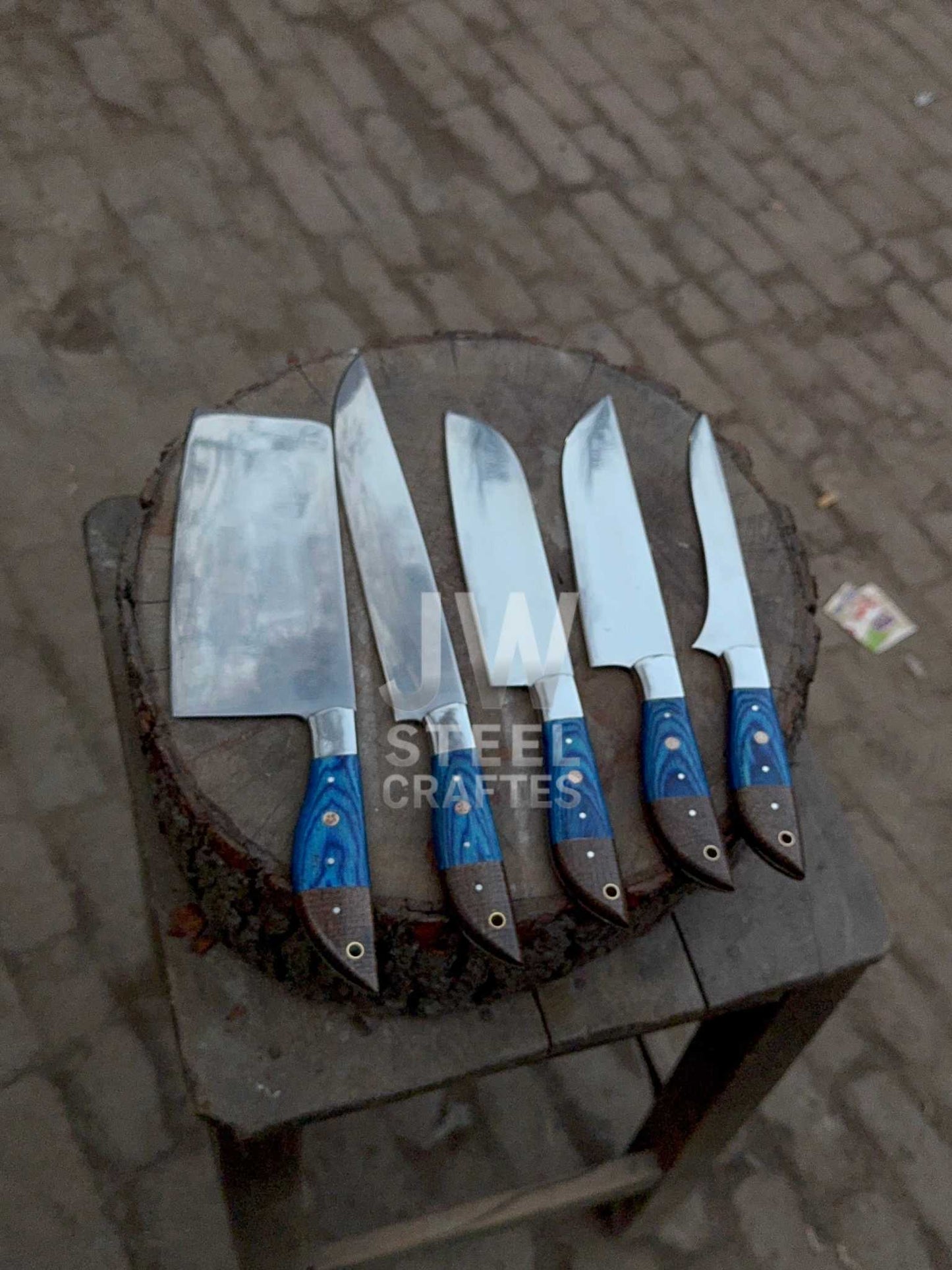 Handmade Damascus Kitchen Knife Set – 5 Piece Chef & Butcher Collection with Blue & Wood Handles