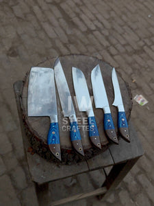 Hand-forged 5-piece custom kitchen knife set with blue and wood handles – includes cleaver, chef, butcher, and utility knives