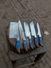 Load image into Gallery viewer, Handmade Damascus Kitchen Knife Set – 5 Piece Chef &amp; Butcher Collection with Blue &amp; Wood Handles