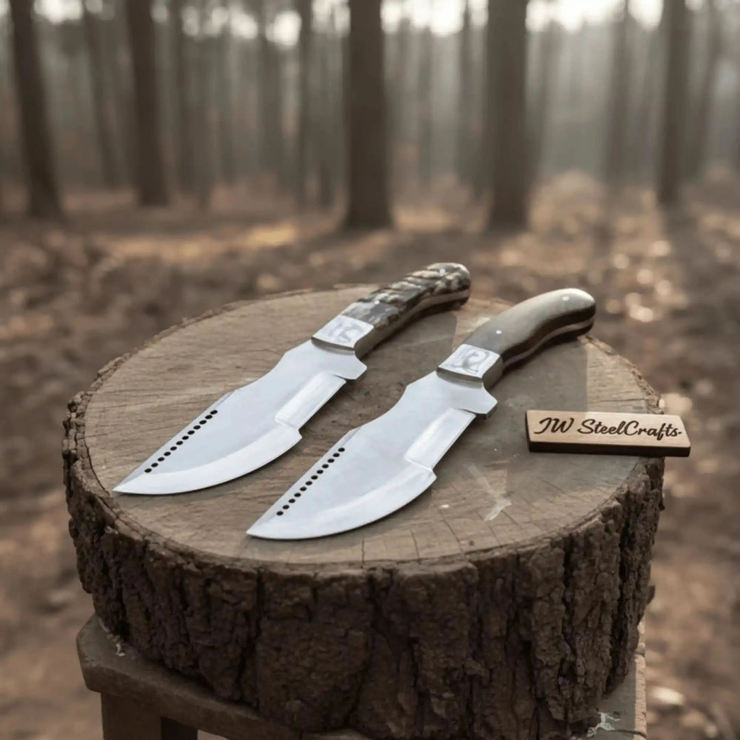 Steel cleaver style knife with brown wood grip, white handle pins, polished blade, and black decorative blade holes.