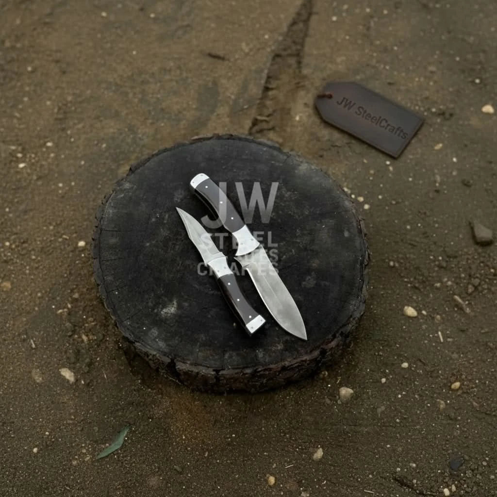 Artisan utility and hunting knives with dark rosewood handles on wooden stump