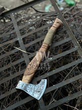 Load image into Gallery viewer, Handmade Viking Axe – Engraved Steel Head with Carved Wooden Handle