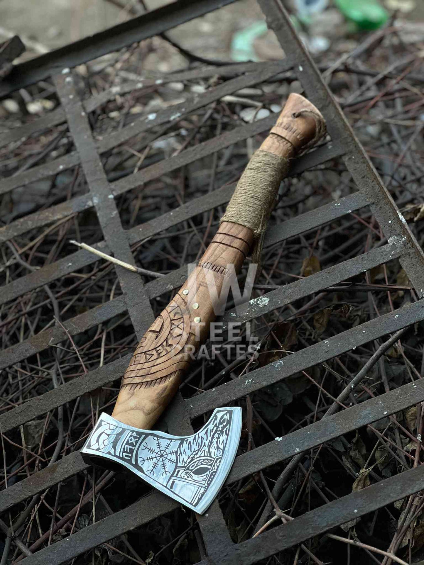 Handmade Viking Axe – Engraved Steel Head with Carved Wooden Handle