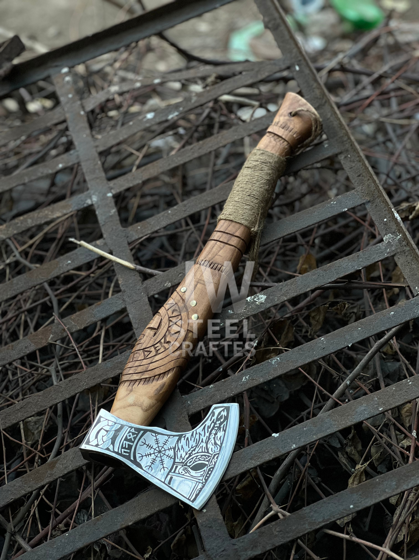 Handmade Viking Axe – Engraved Steel Head with Carved Wooden Handle