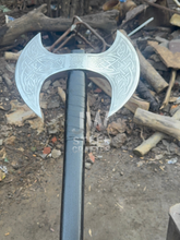 Load image into Gallery viewer, Custom engraved Viking battle axe with double-headed blade, leather sheath, and solid wooden handle – perfect for collectors and gifting.